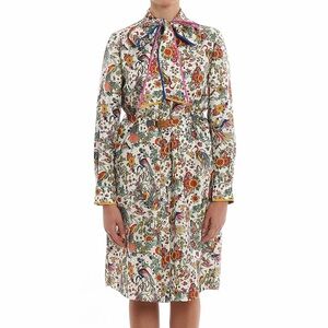 Tory Burch Promised Land Bird Peacock Floral Print Silk Shirt Dress Tie Neck 12